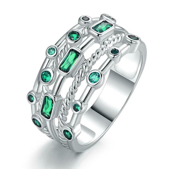 18K White Gold Plated 5 Layer Green Emerald Ring - Picture 1 of 3
